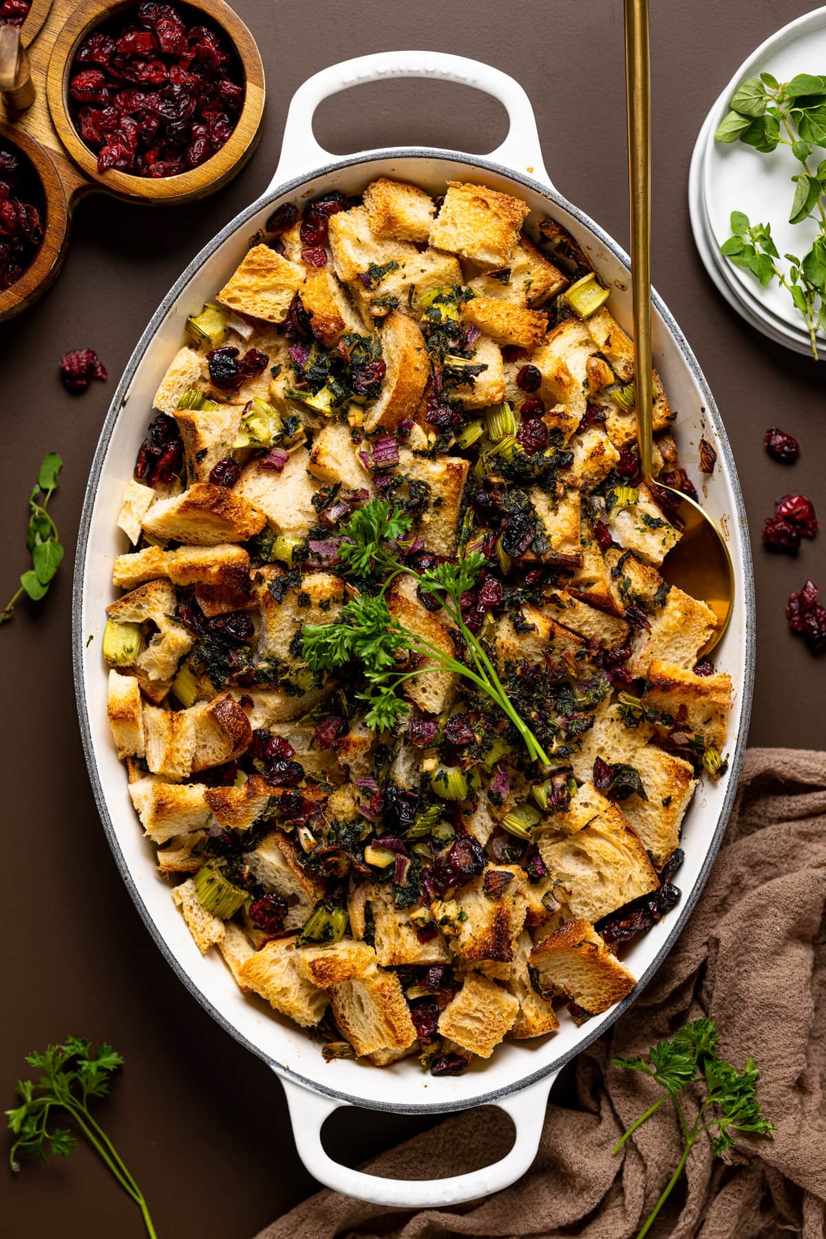 Overhead shot of a pan of Homemade Vegan Stuffing