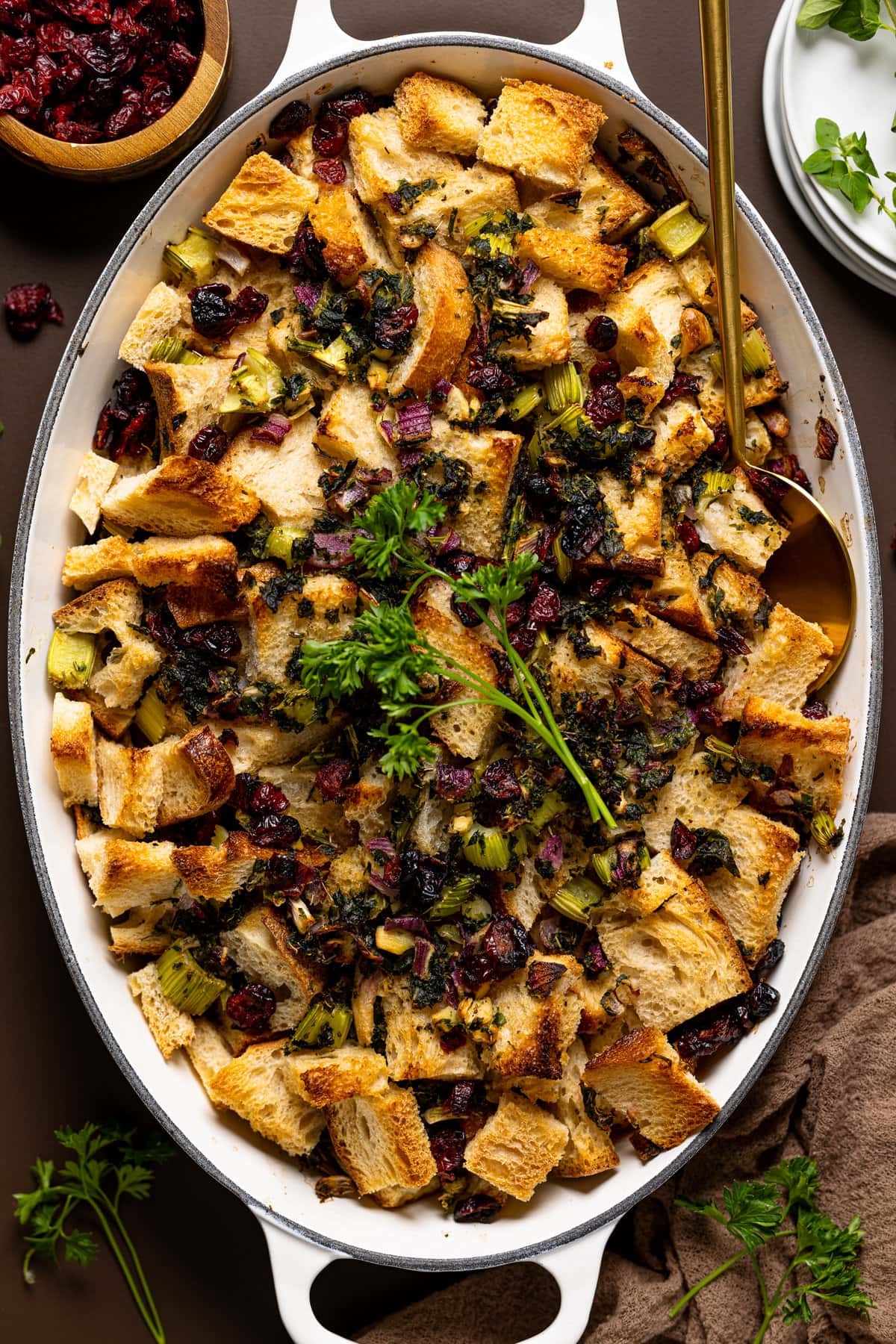 Baking dish filled with homemade vegan stuffing