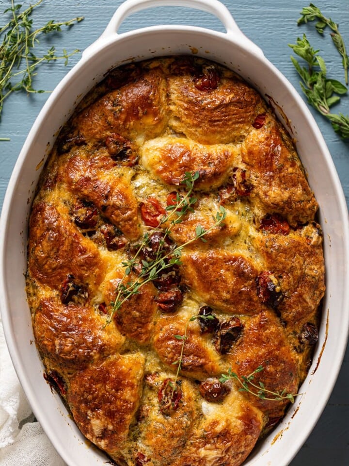 Baking pan of Southern Caprese Biscuit Breakfast Strata