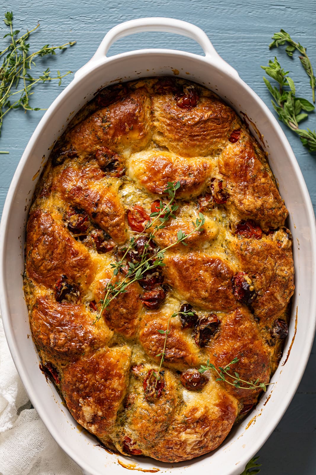 Baking pan of Southern Caprese Biscuit Breakfast Strata