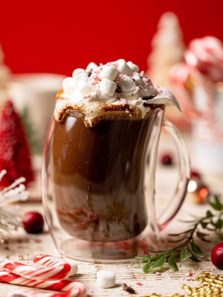 Homemade Peppermint Mocha Latte in a lopsided glass