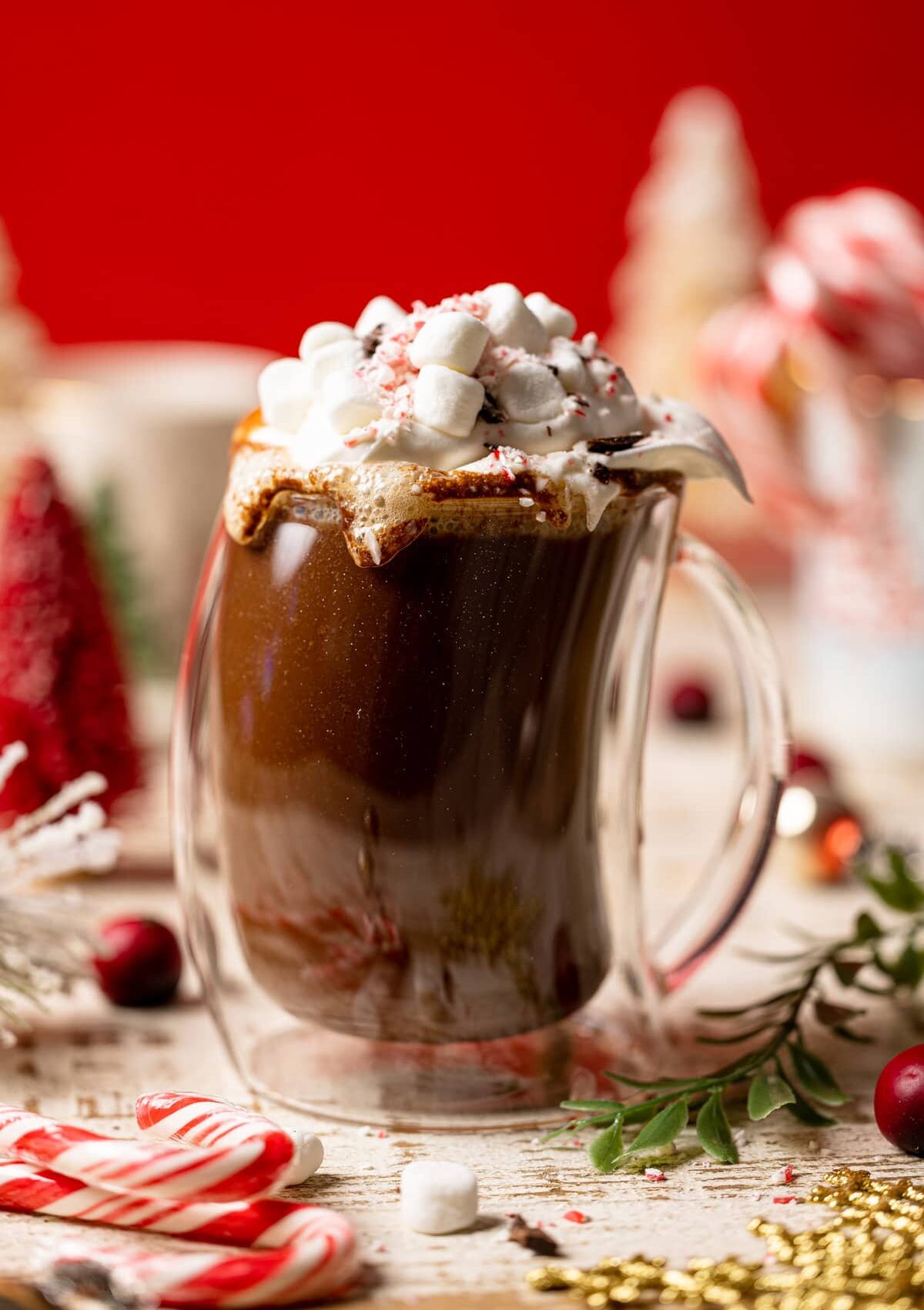 Homemade Peppermint Mocha Latte in a lopsided glass