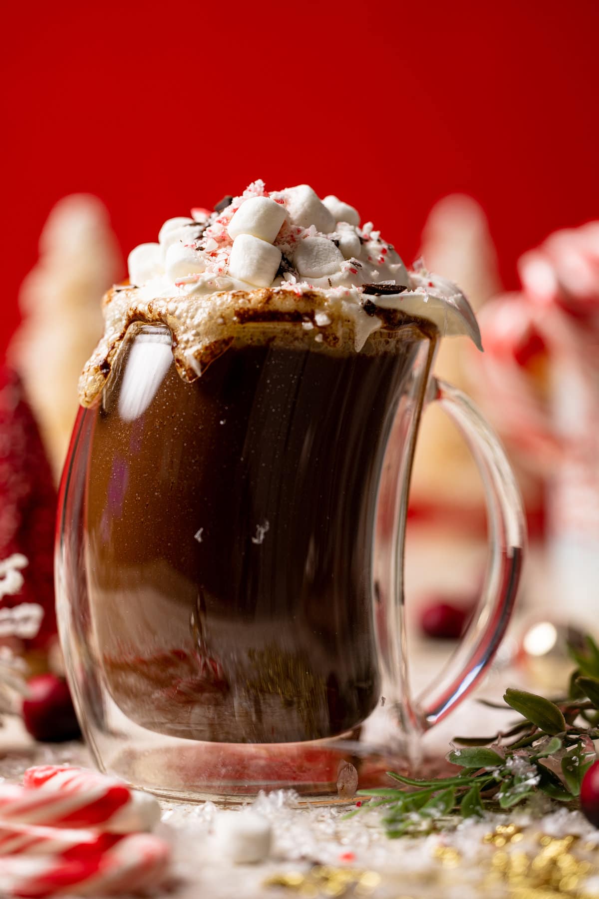 Closeup of a Homemade Peppermint Mocha Latte in a lopsided glass