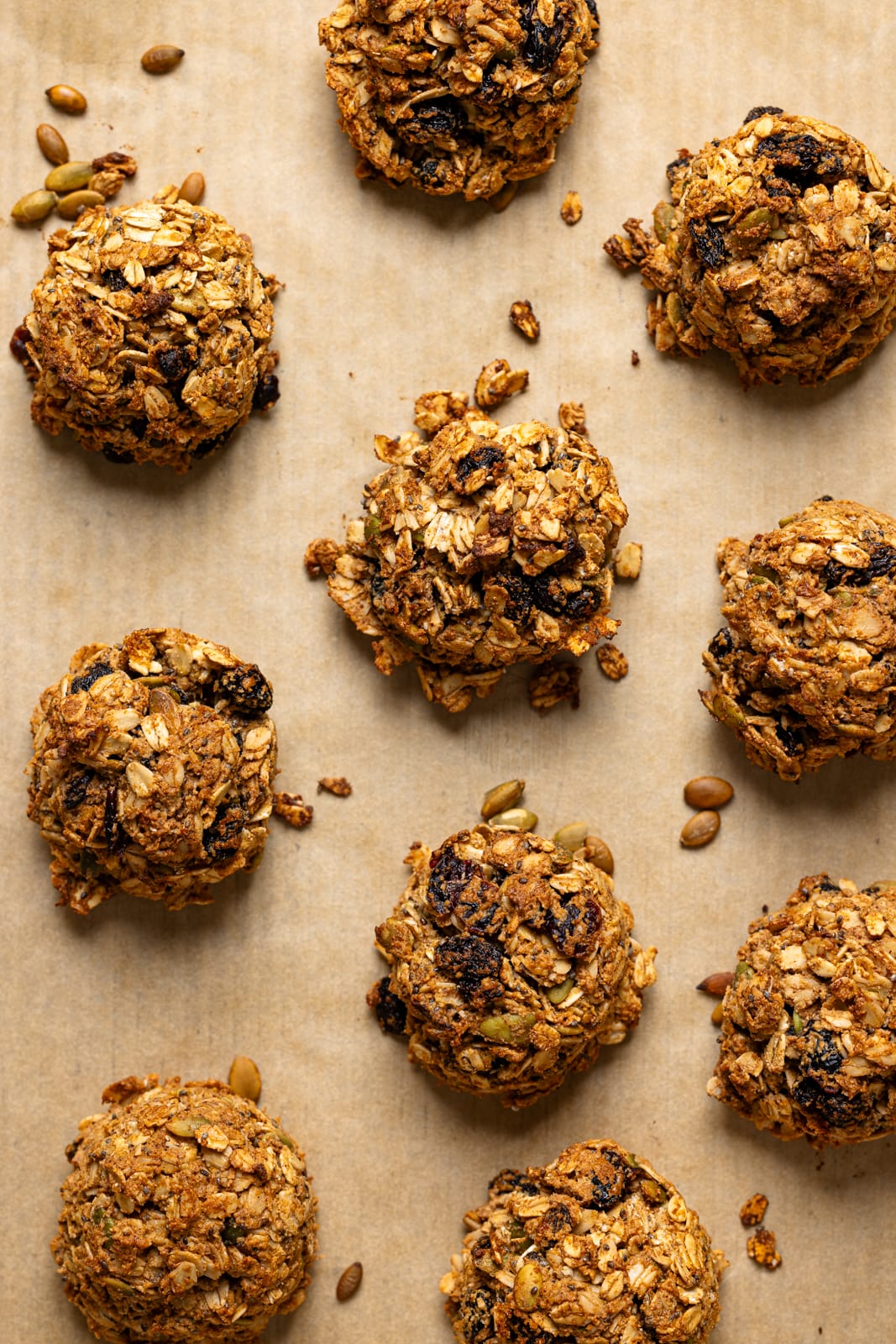 Up close shot of baked cookies on a baking sheet.