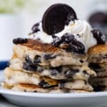 Stack of Vegan Oreo Pancakes missing a slice.