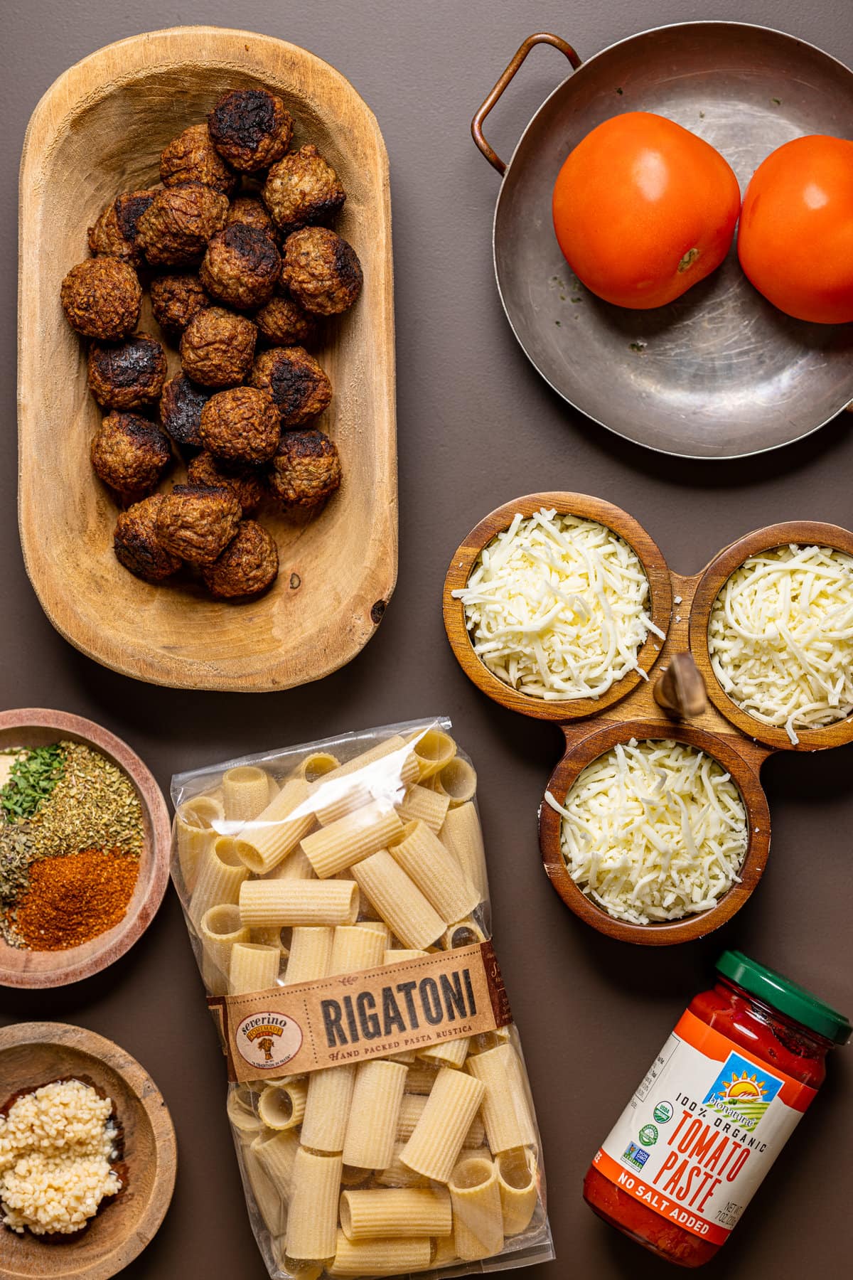 Ingredients for Rigatoni Meatball Soup including tomatoes, tomato paste, and meatballs