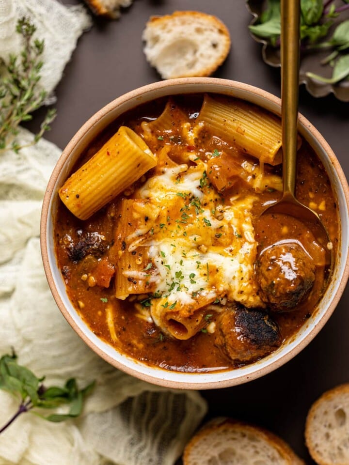 Bowl of Rigatoni Meatball Soup