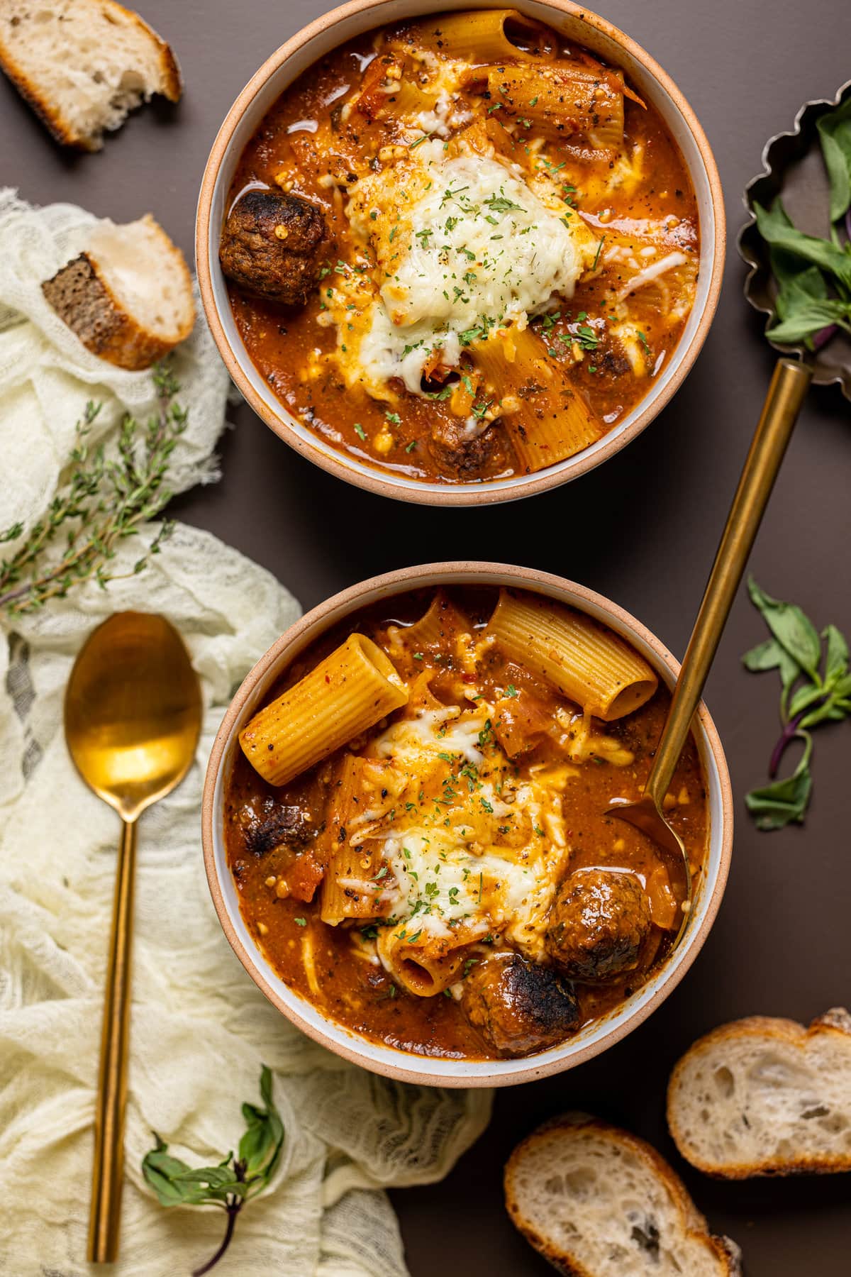 Two bowls of Rigatoni Meatball Soup