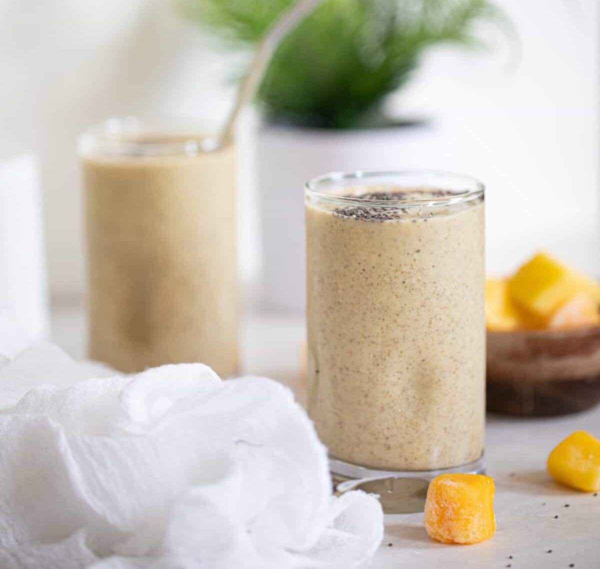 Mango Chia Seed Smoothie in two glasses.