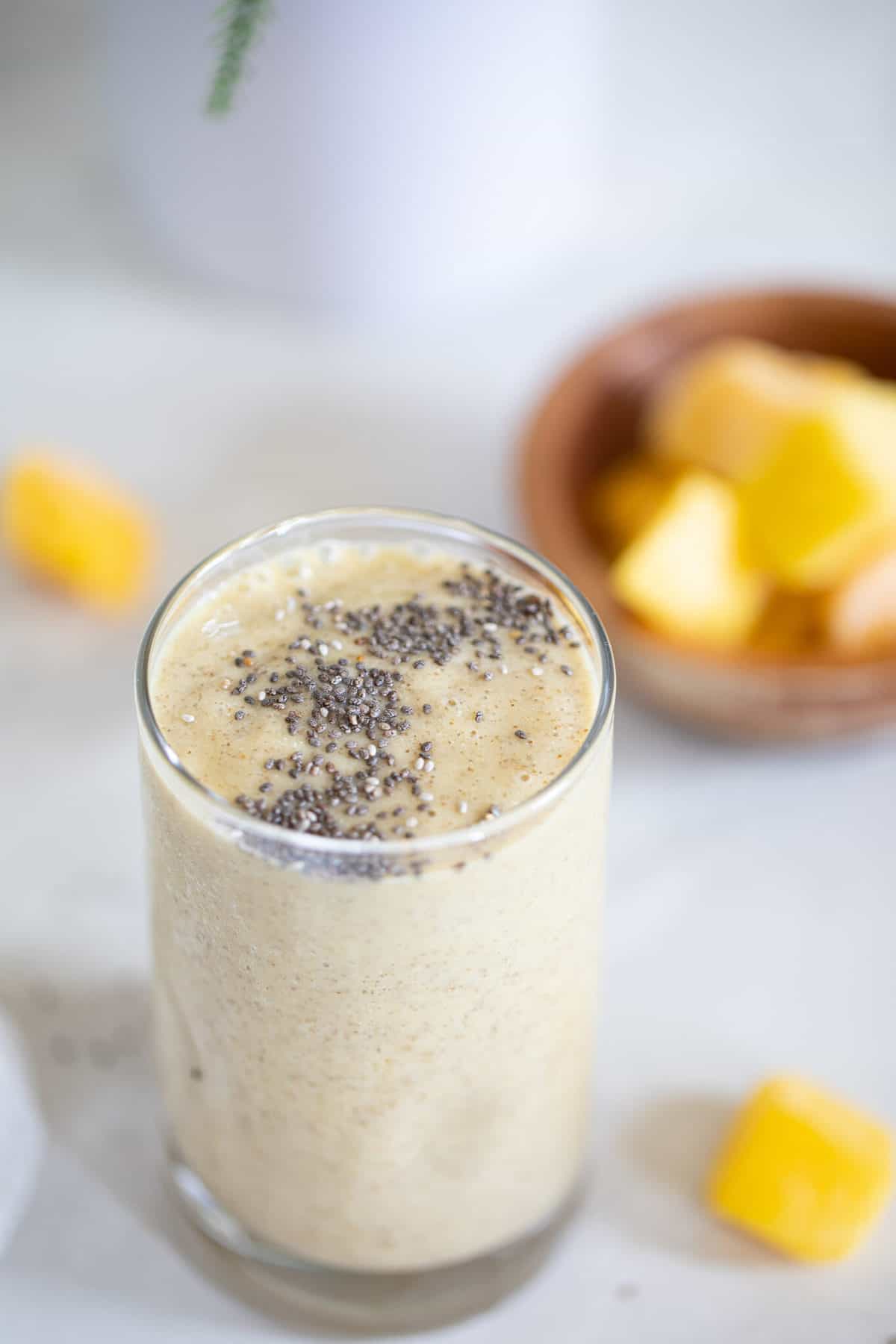 Mango Chia Seed Smoothie topped with chia seeds.