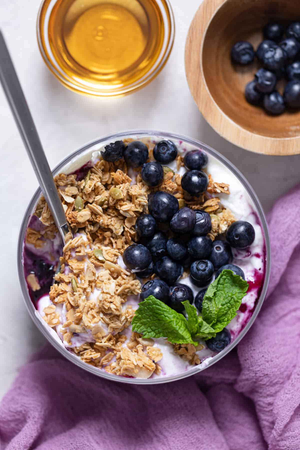 Breakfast Bowl with blueberries and mint.