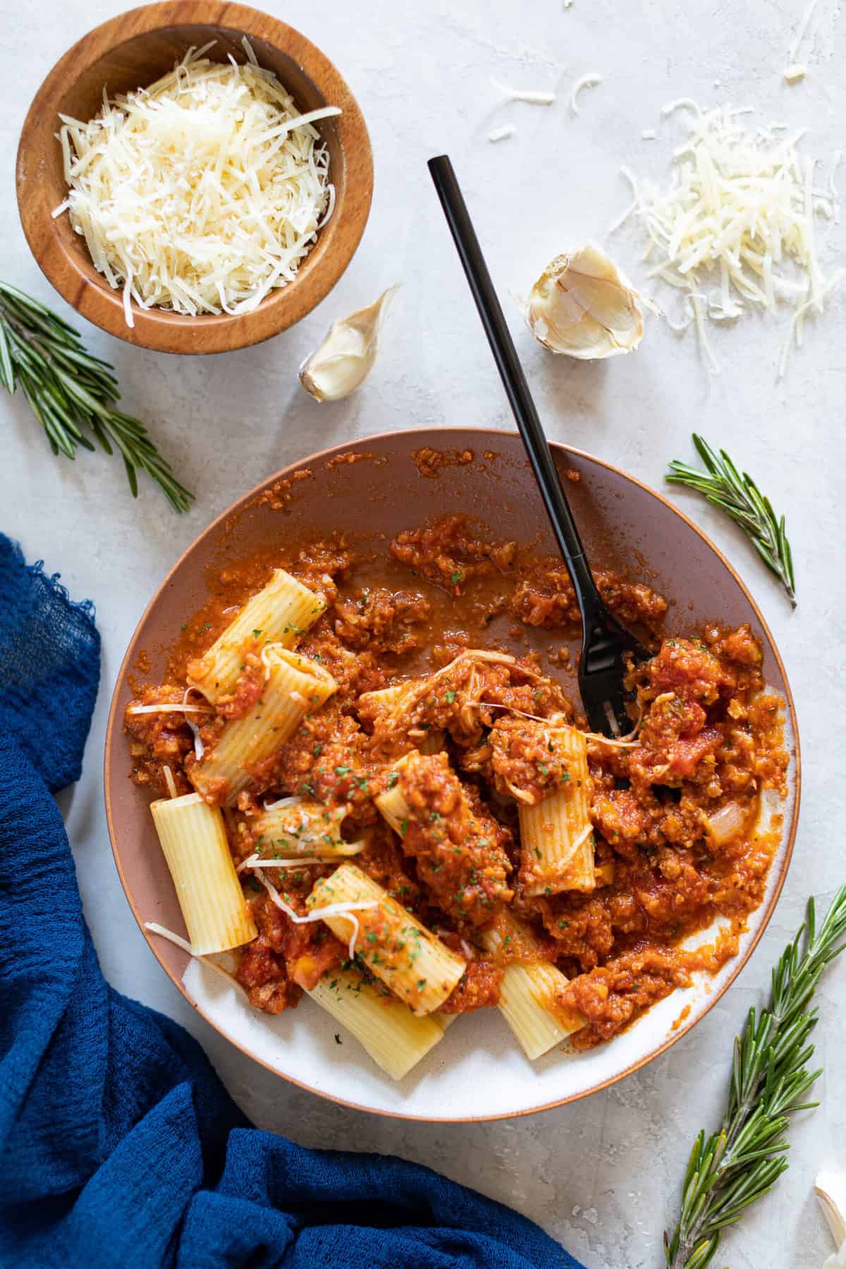 Fork in a bowl of Meatless Bolognese Pasta