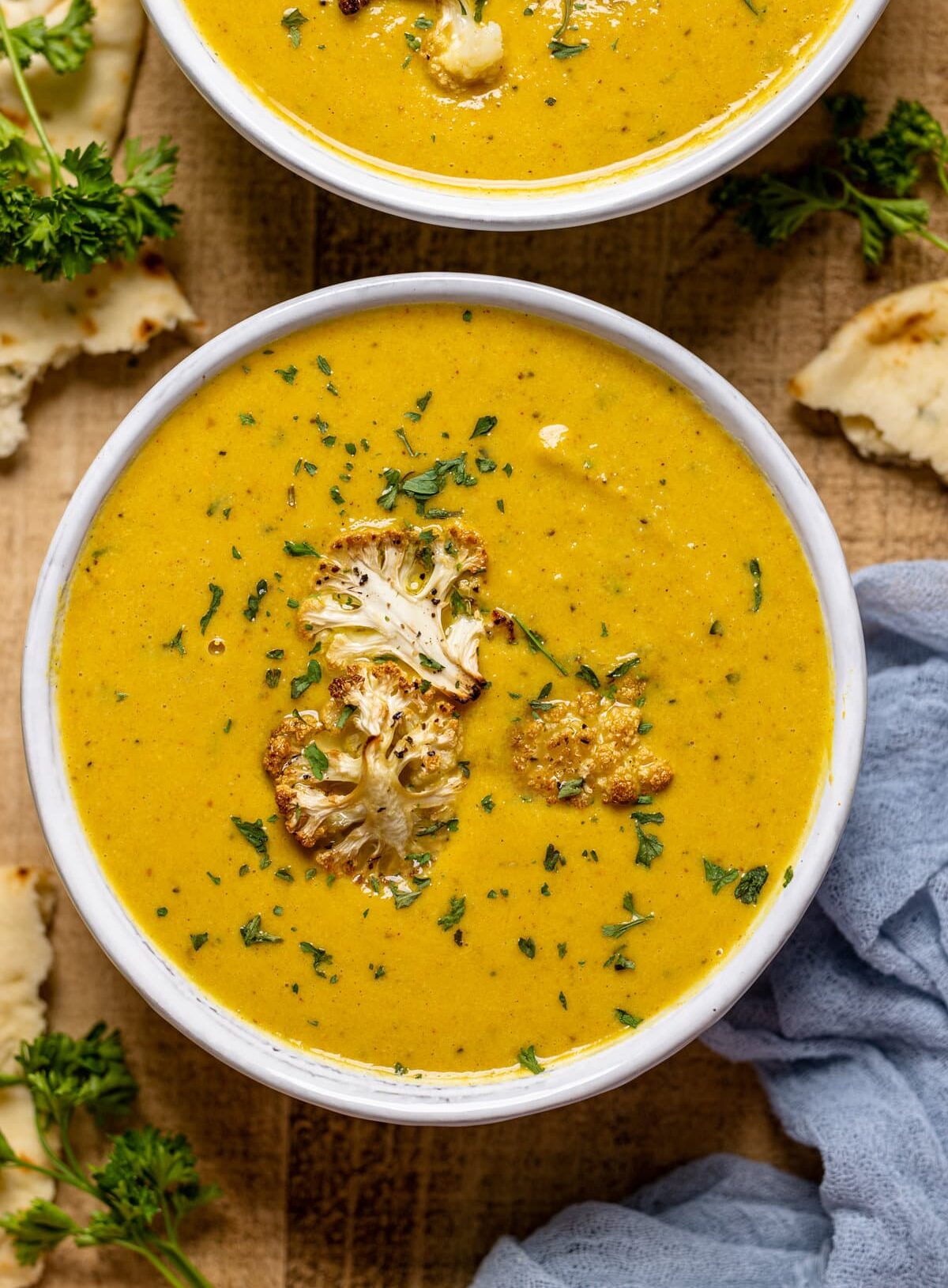 Bowl of Creamy Roasted Garlic Cauliflower Chickpea Soup