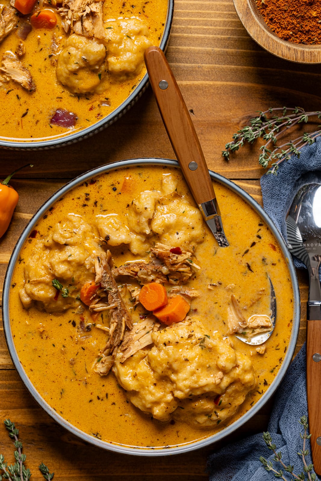 Chicken and dumplings with a spoon.