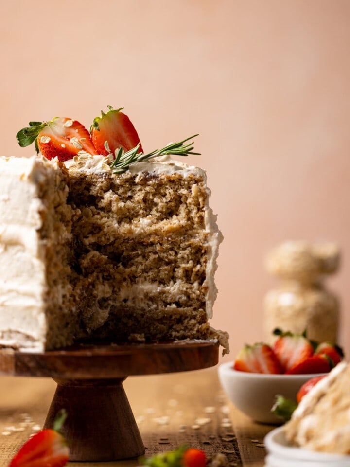 Vegan Strawberry Oatmeal Cake missing a slice