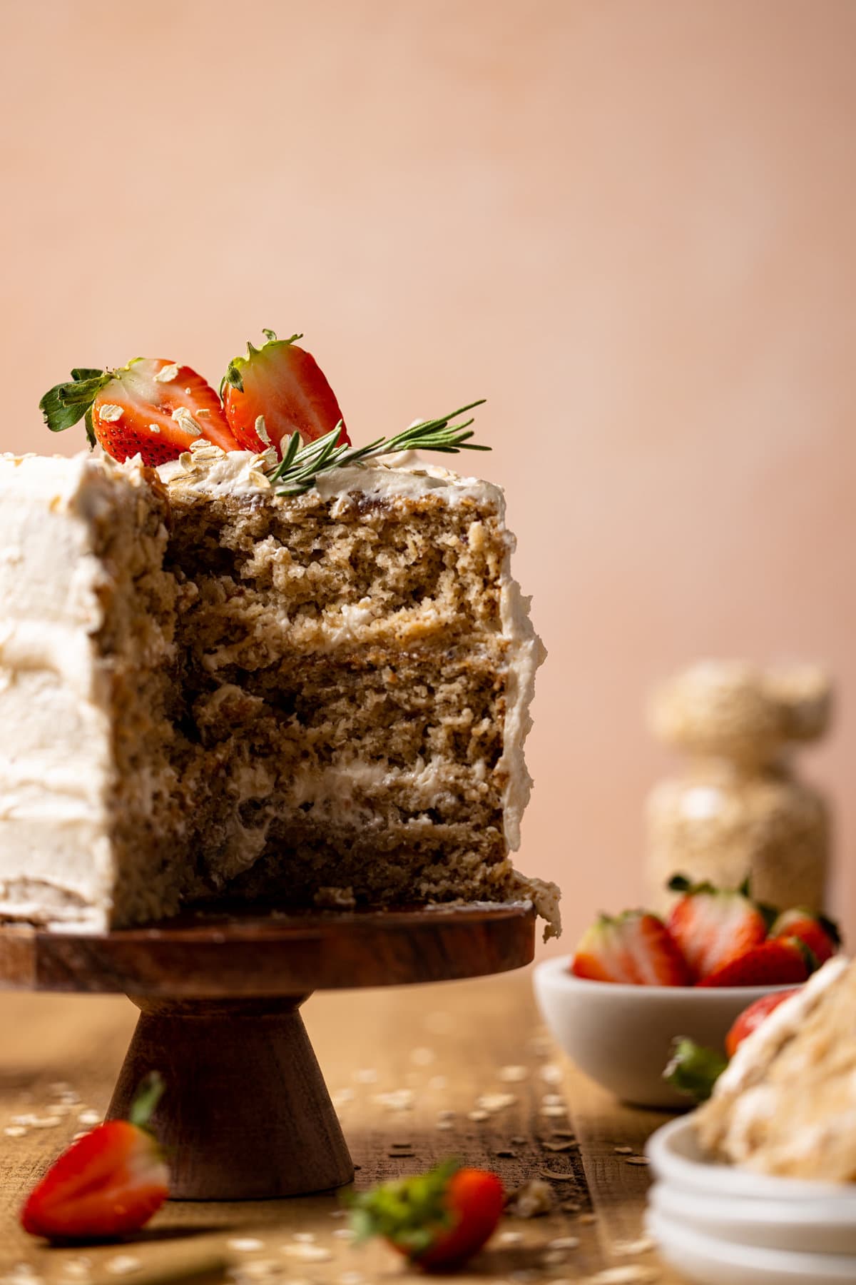 Vegan Strawberry Oatmeal Cake missing a slice