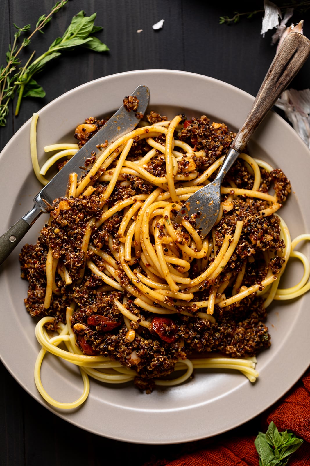 Closeup of Vegan Bolognese Pasta