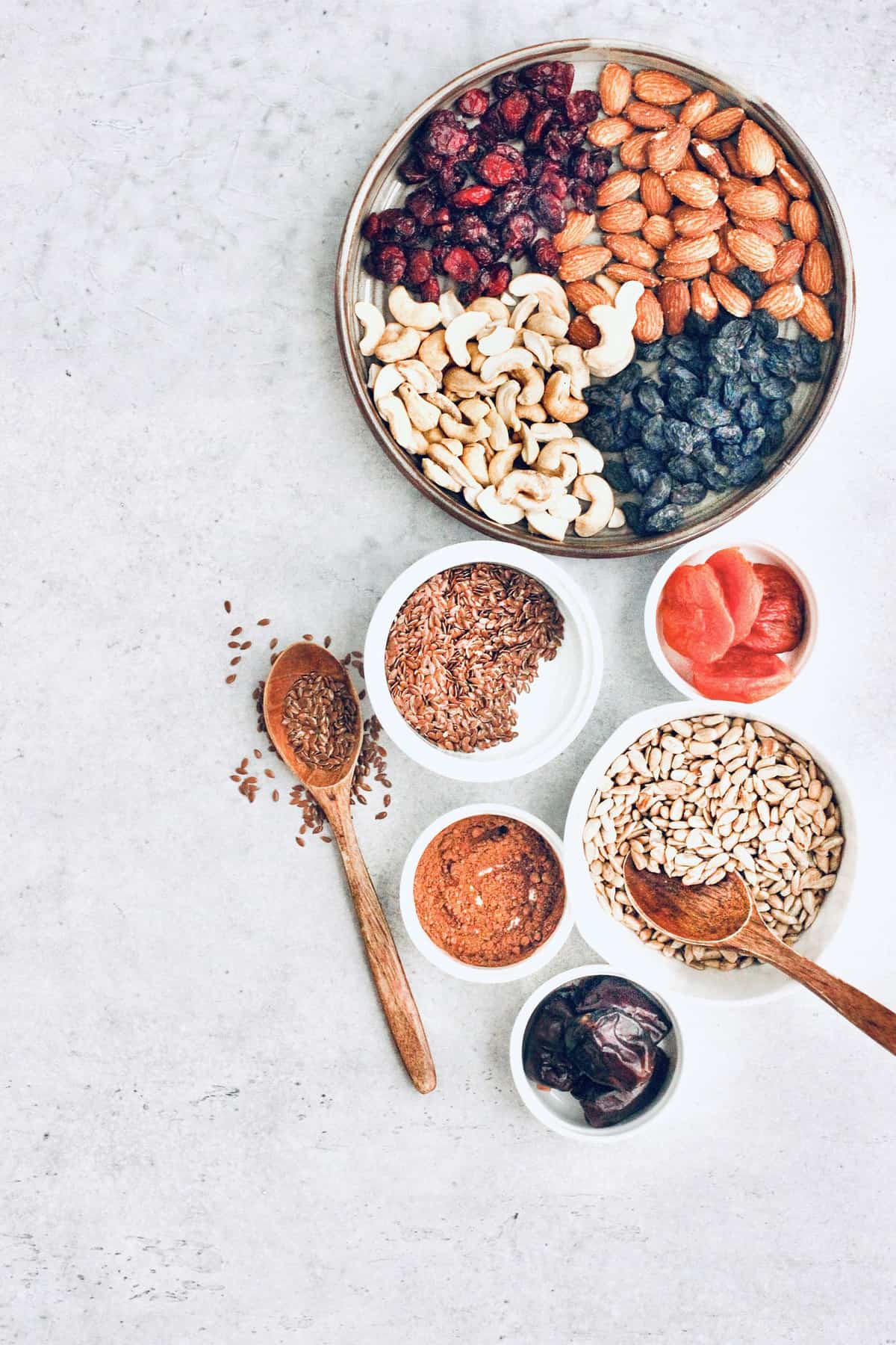 Dried fruits and nuts on a table.