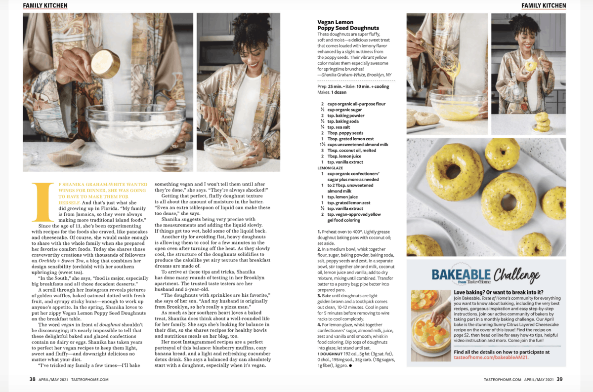 Shots of an article and recipe in Taste of Home from Shanika.