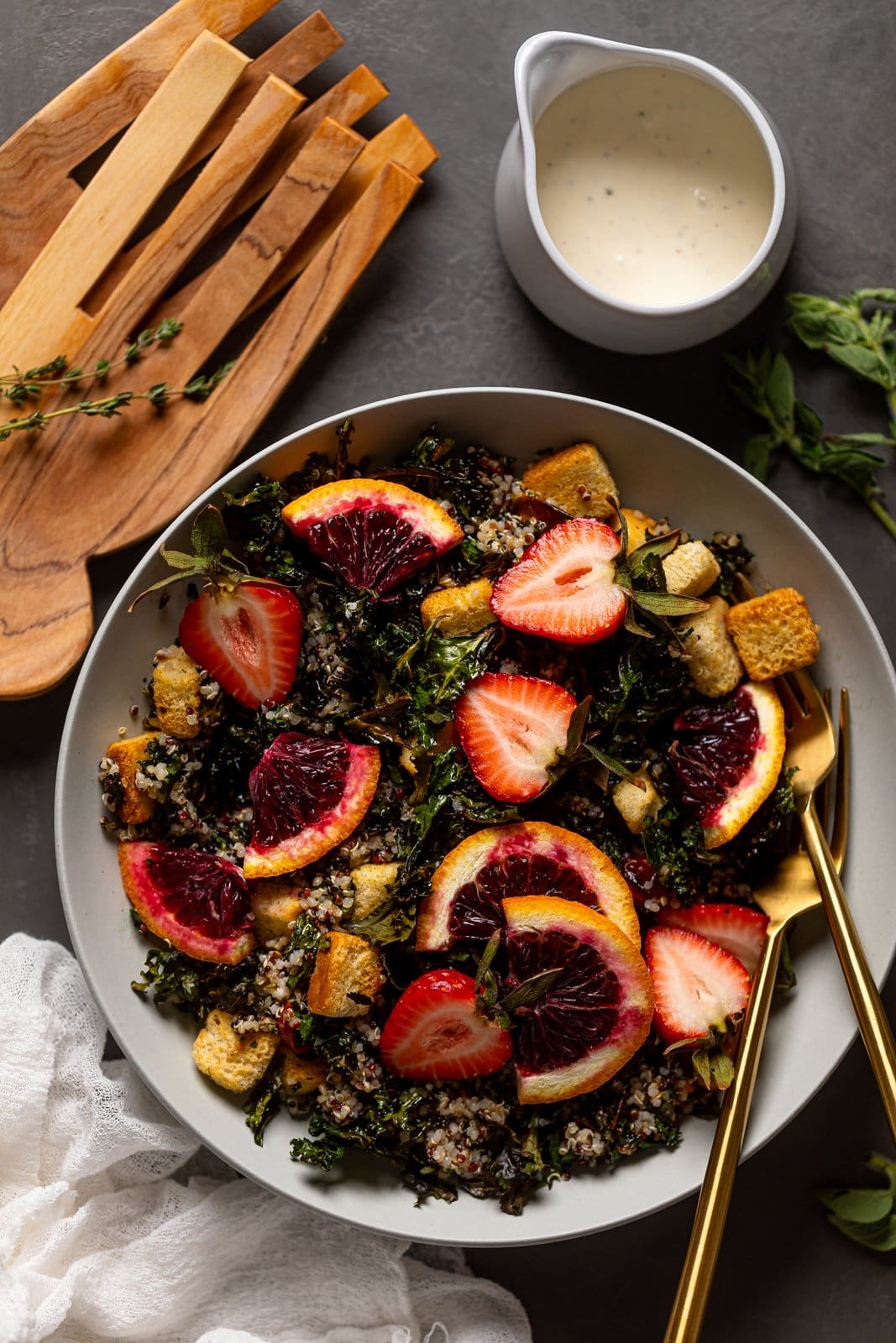 Overhead shot of a bowl of Blood Orange Kale Salad