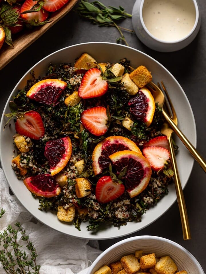 Bowl of Blood Orange Kale Salad with two forks