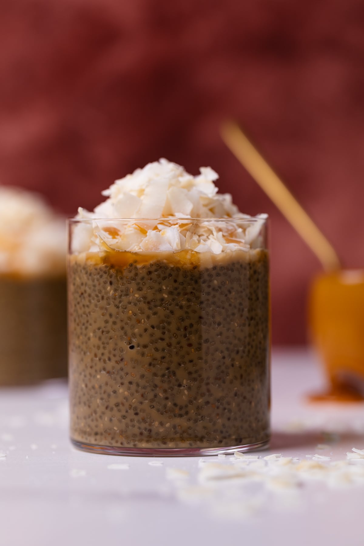 Caramel Macchiato Chia Pudding with coconut in a glass