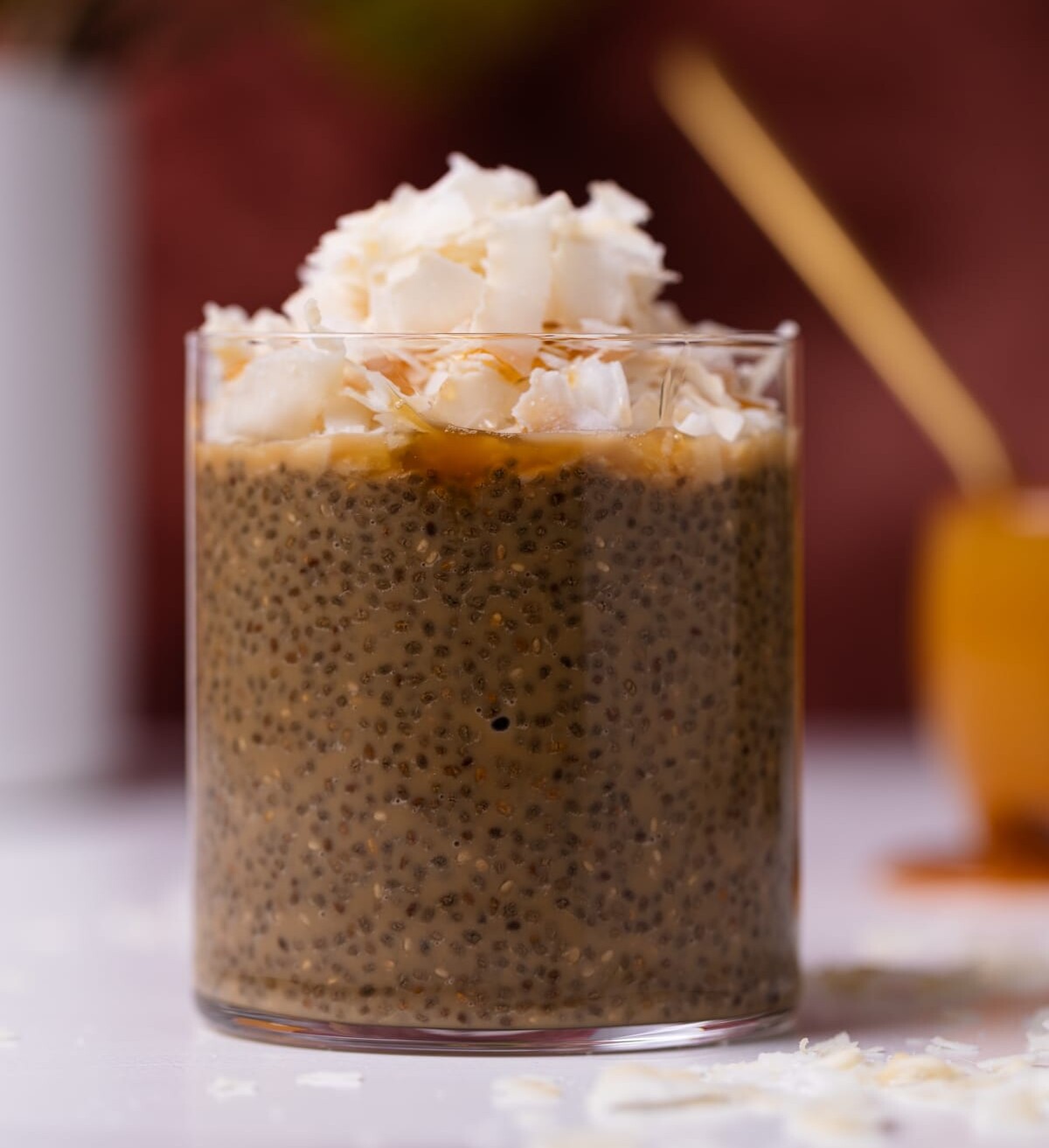 Caramel Macchiato Chia Pudding and Coconut in a glass.