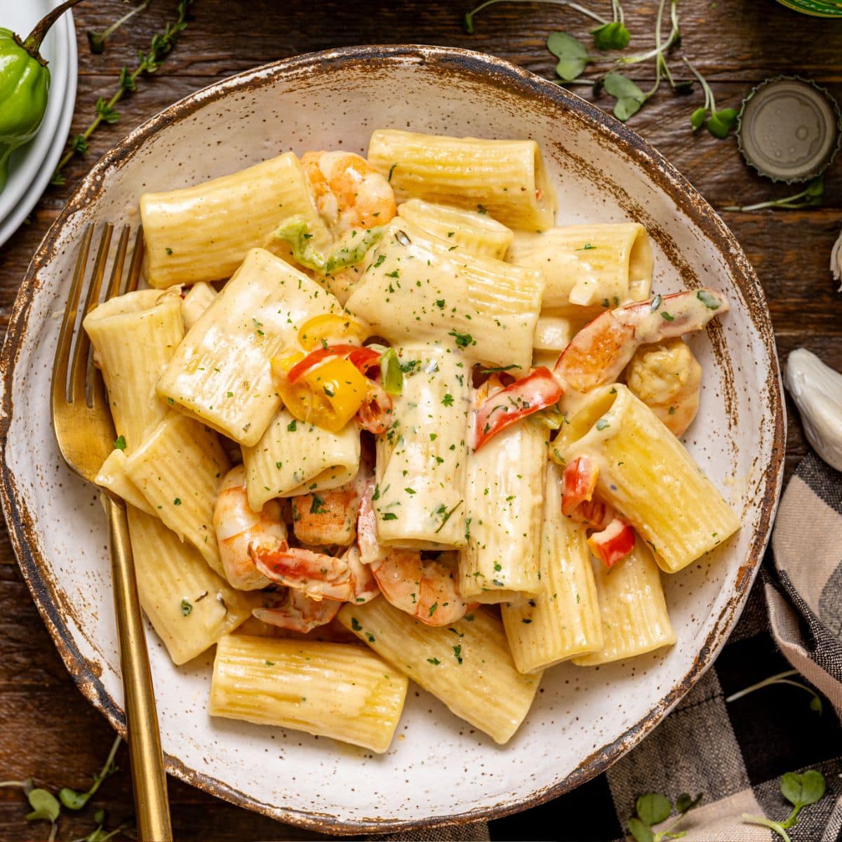Up close shot of shrimp rasta pasta.