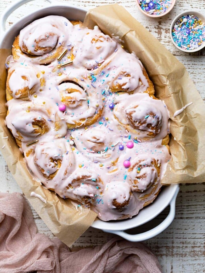 Vegan Funfetti Cinnamon Rolls in an oblong pan.