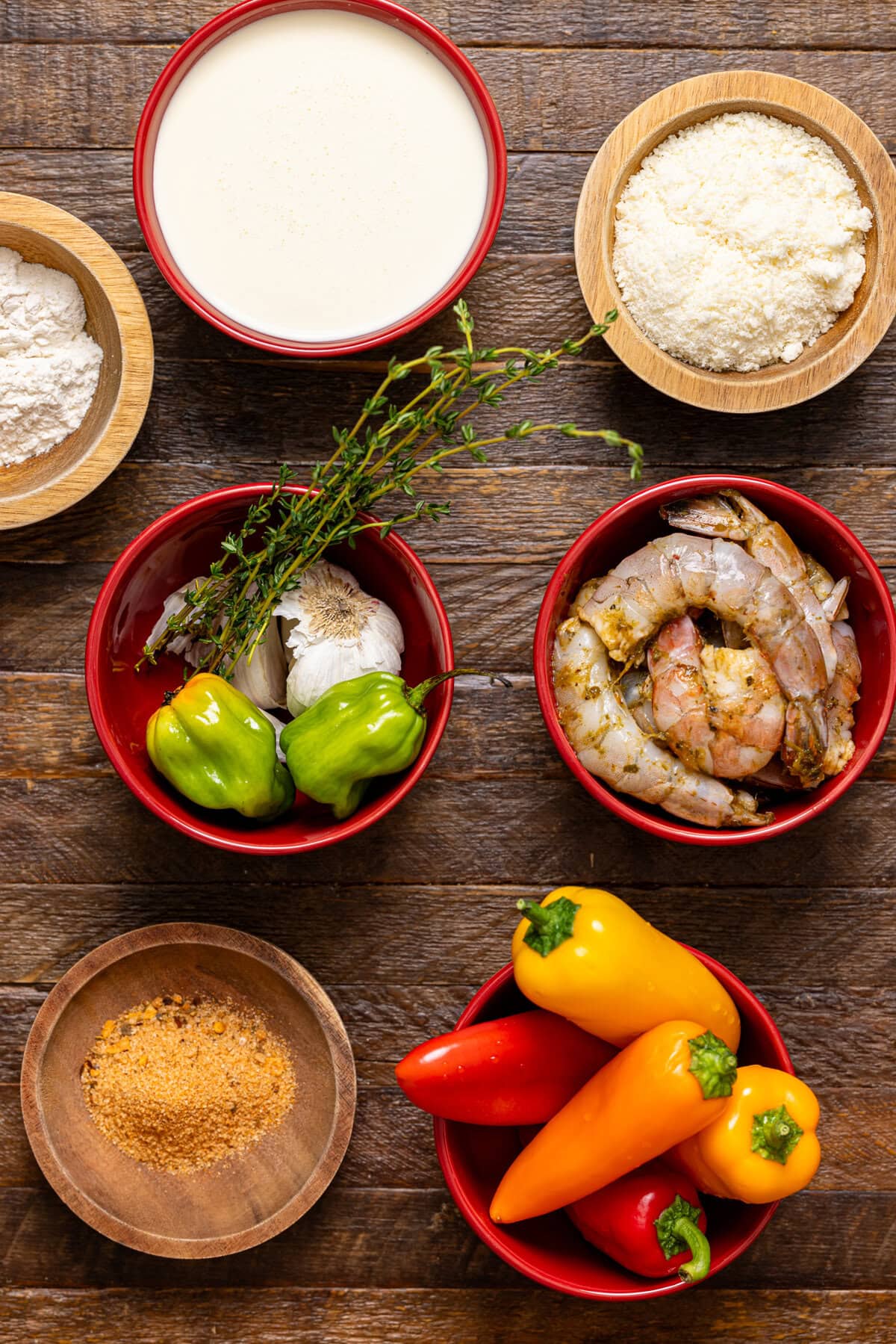 Ingredients on a brown wood table.