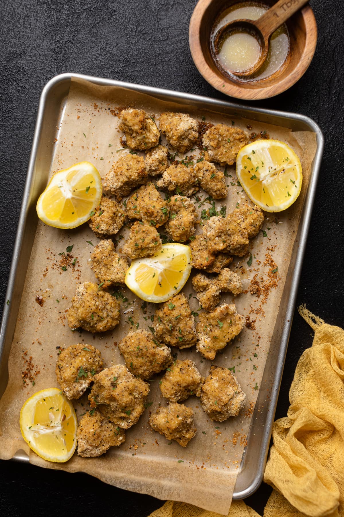 Vegetarian Lemon Pepper Wings on a baking sheet with parchment paper.