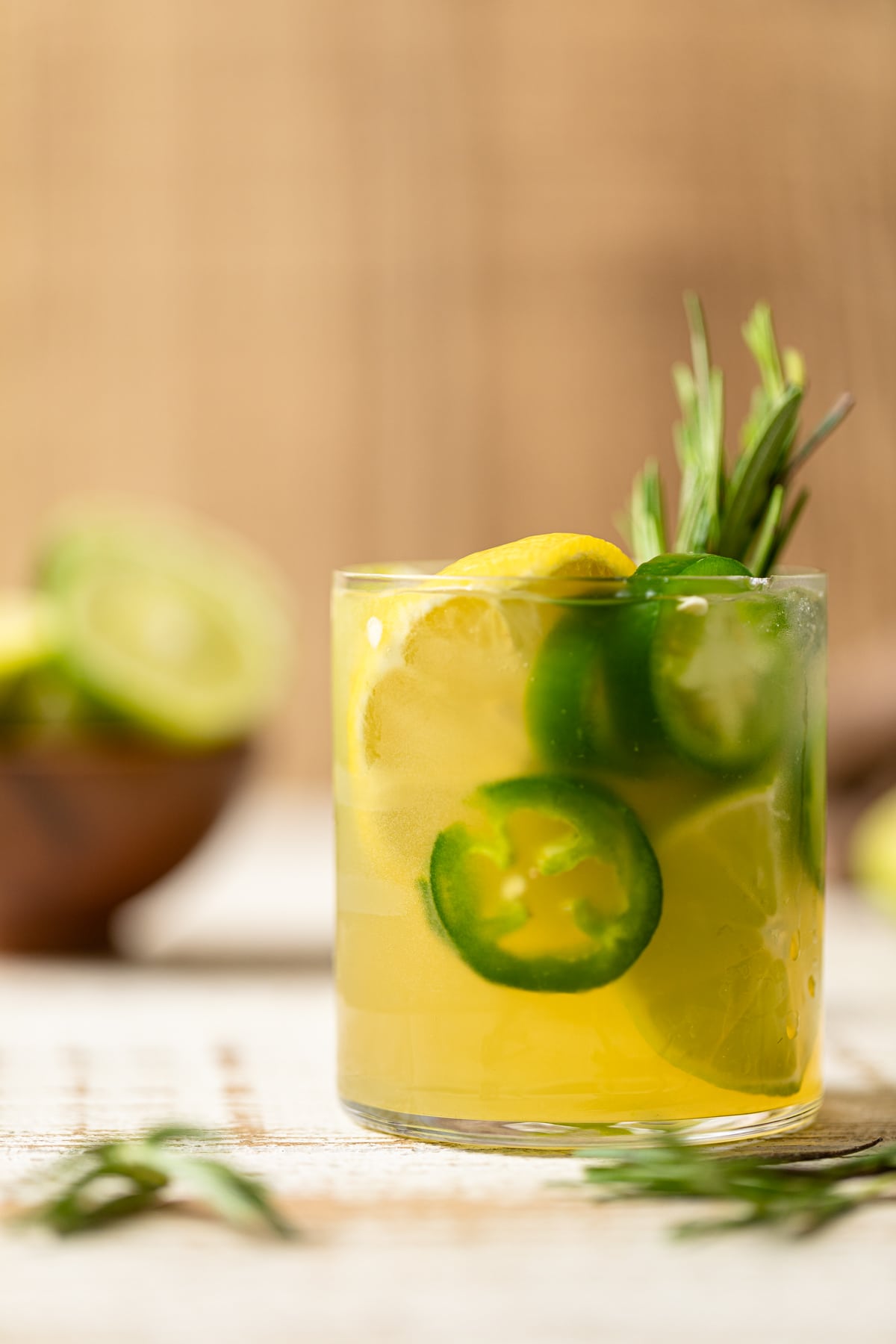 Jalapeno Lemon-Lime Mocktail filled with lemon, lime, jalapeno, and rosemary.