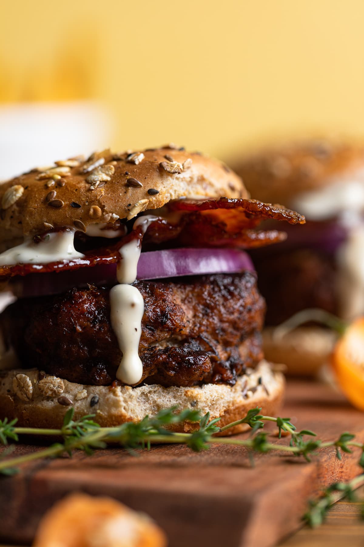 Closeup of a barbeque Jerk Bacon Turkey Burger