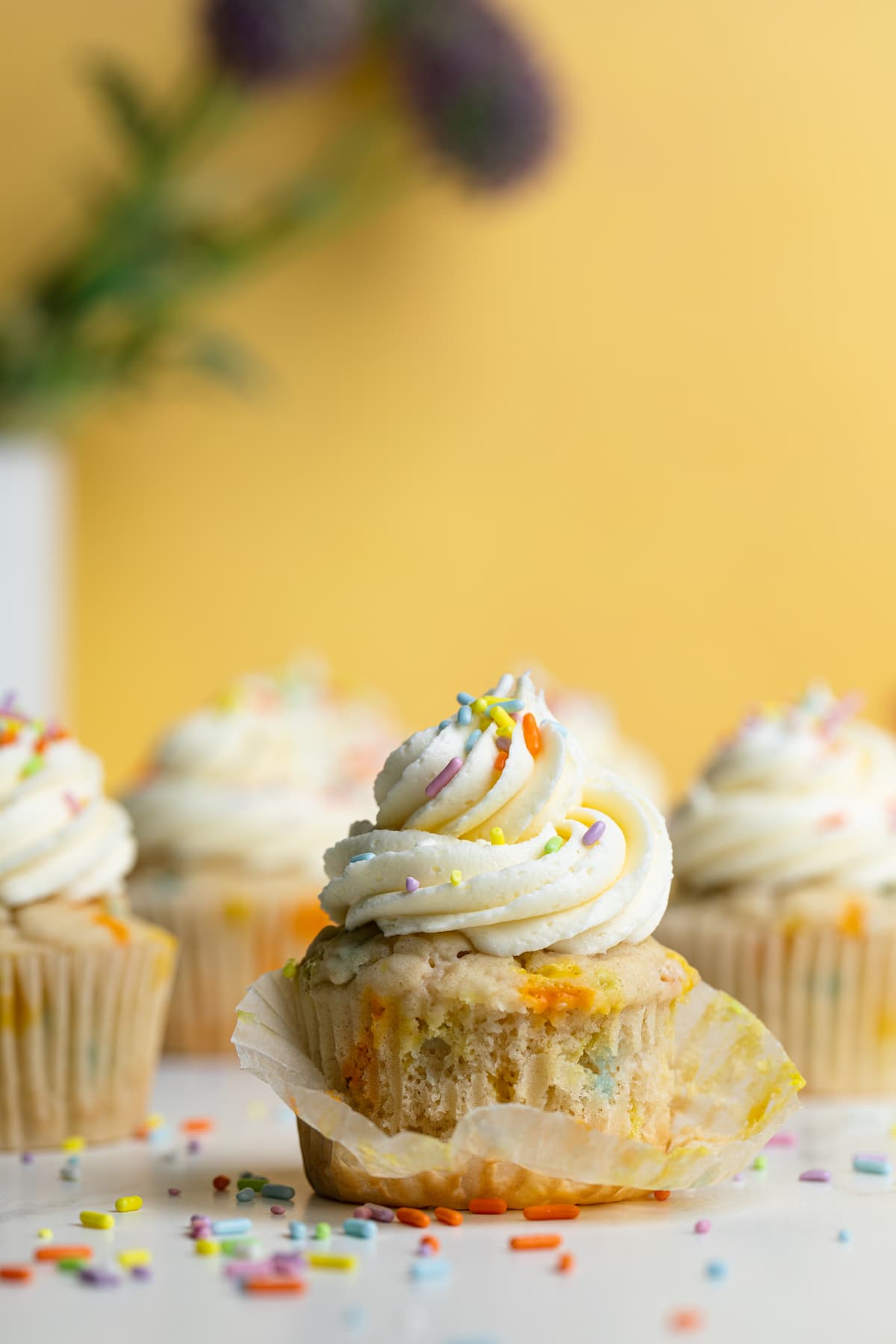 Table of Vegan Funfetti Cupcakes.