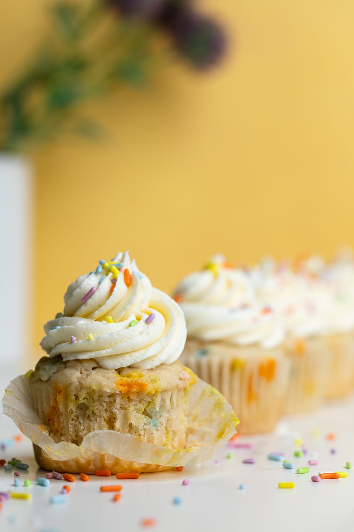 Line of Vegan Funfetti Cupcakes.