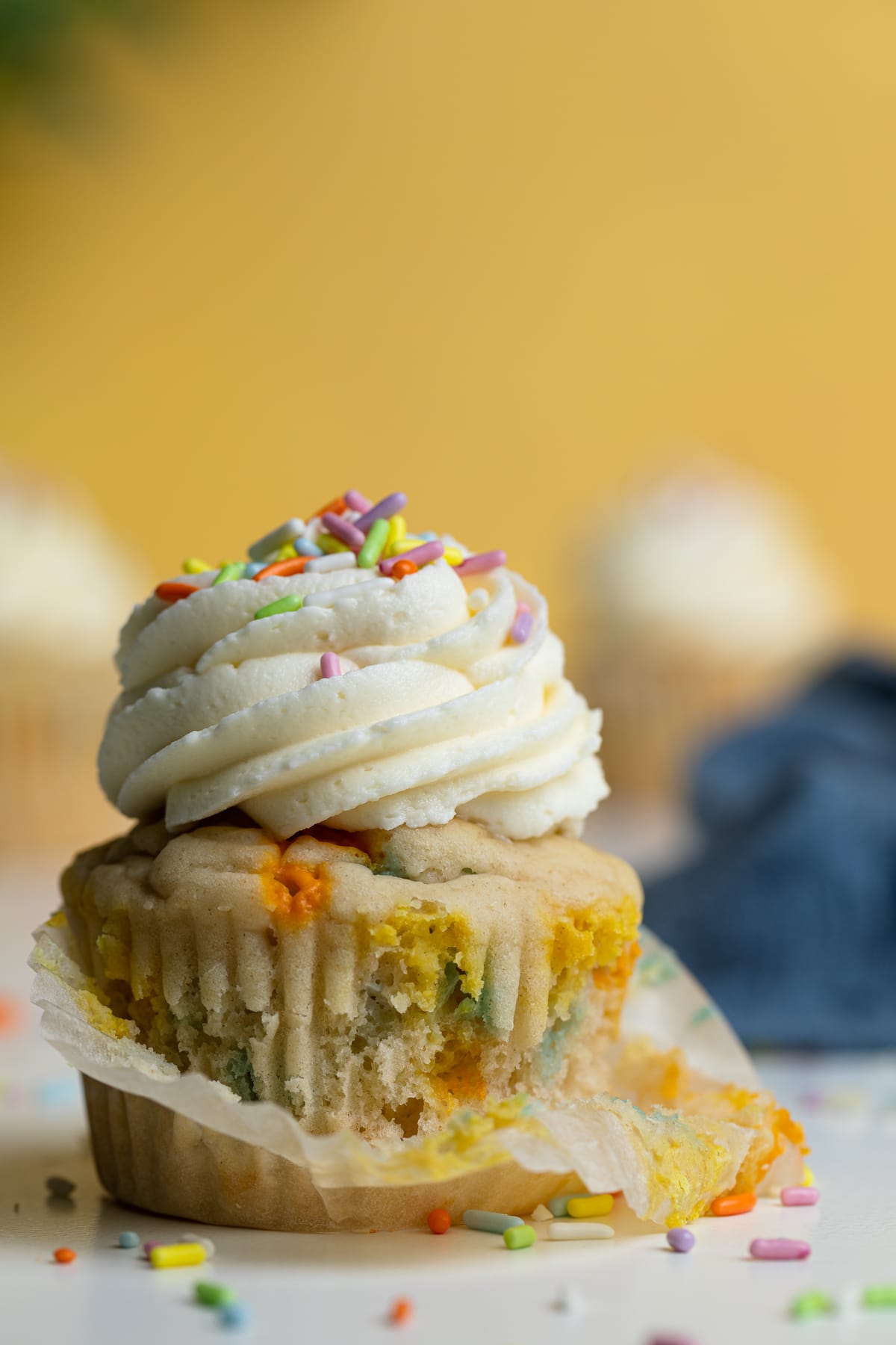 Closeup shot of a Vegan Funfetti Cupcake.