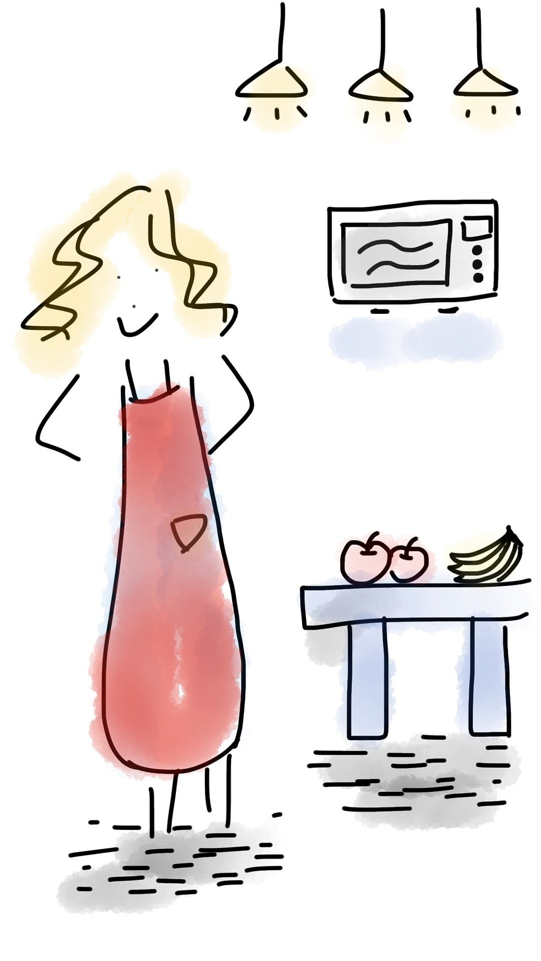 Drawing of a woman wearing an apron next to a table with fruit.