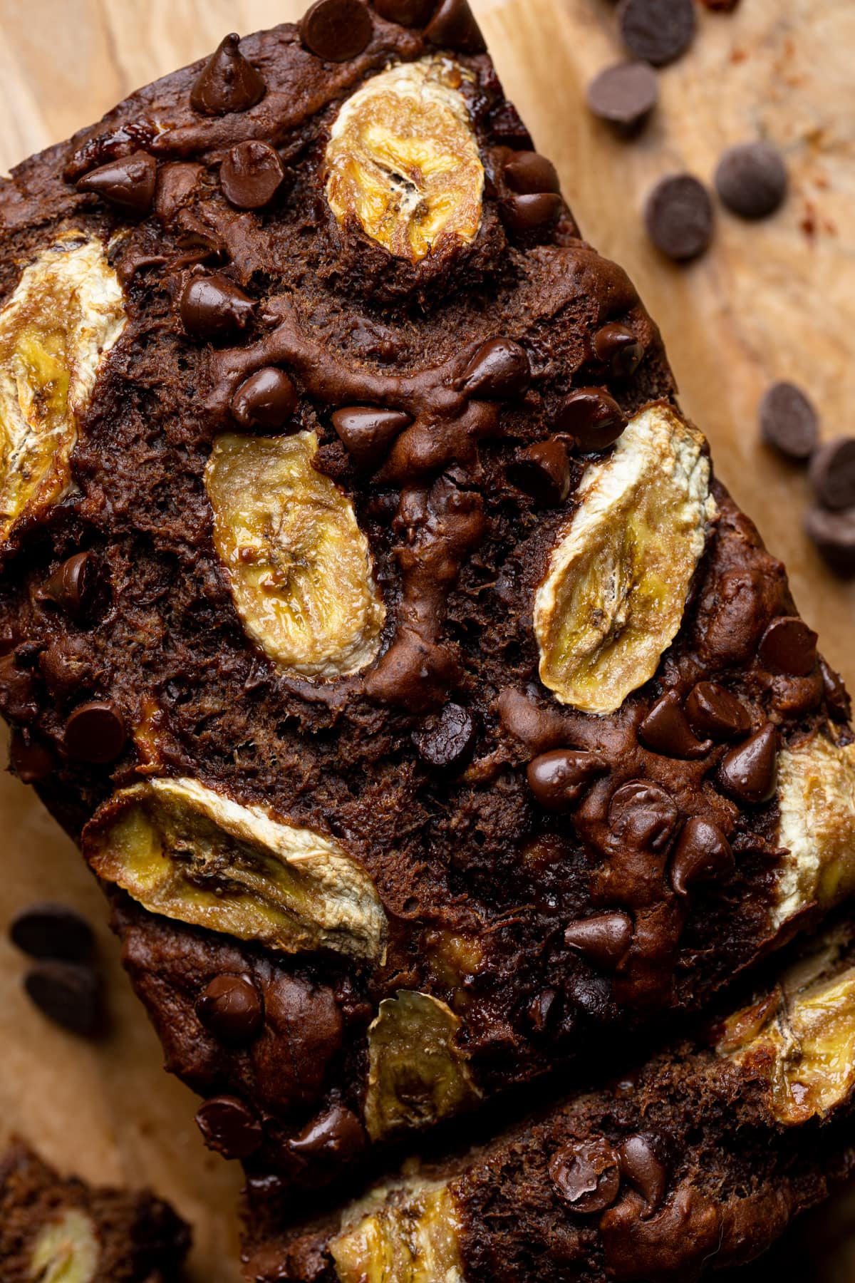 Closeup of a loaf of Vegan Chocolate Bourbon Banana Bread.