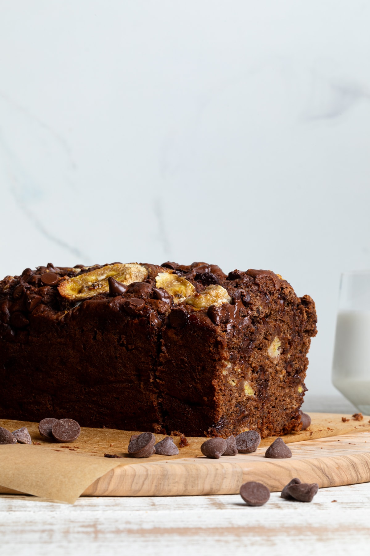 Loaf of Vegan Chocolate Bourbon Banana Bread with chocolate chips.