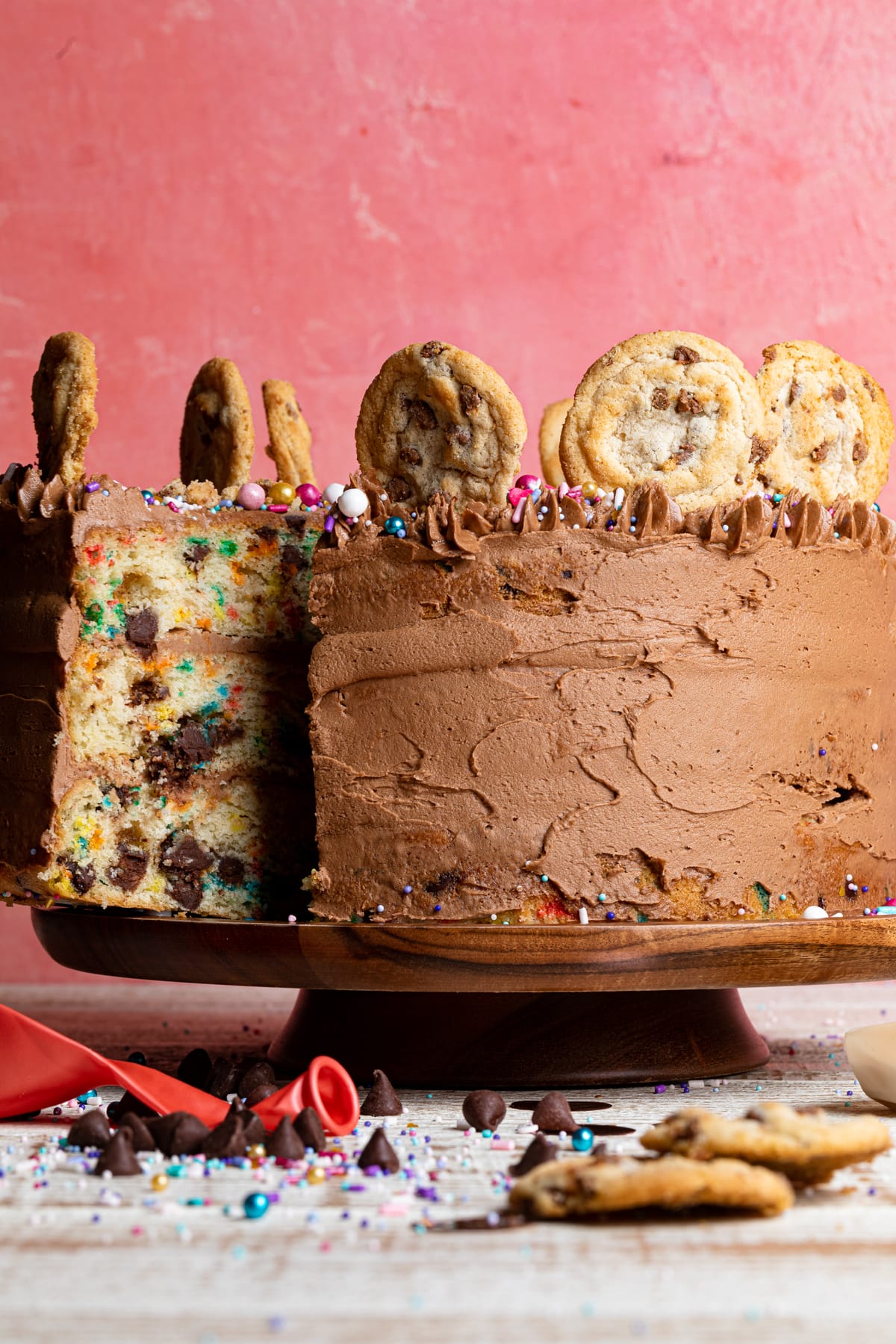 Confetti Chocolate Chip Cake missing a slice.