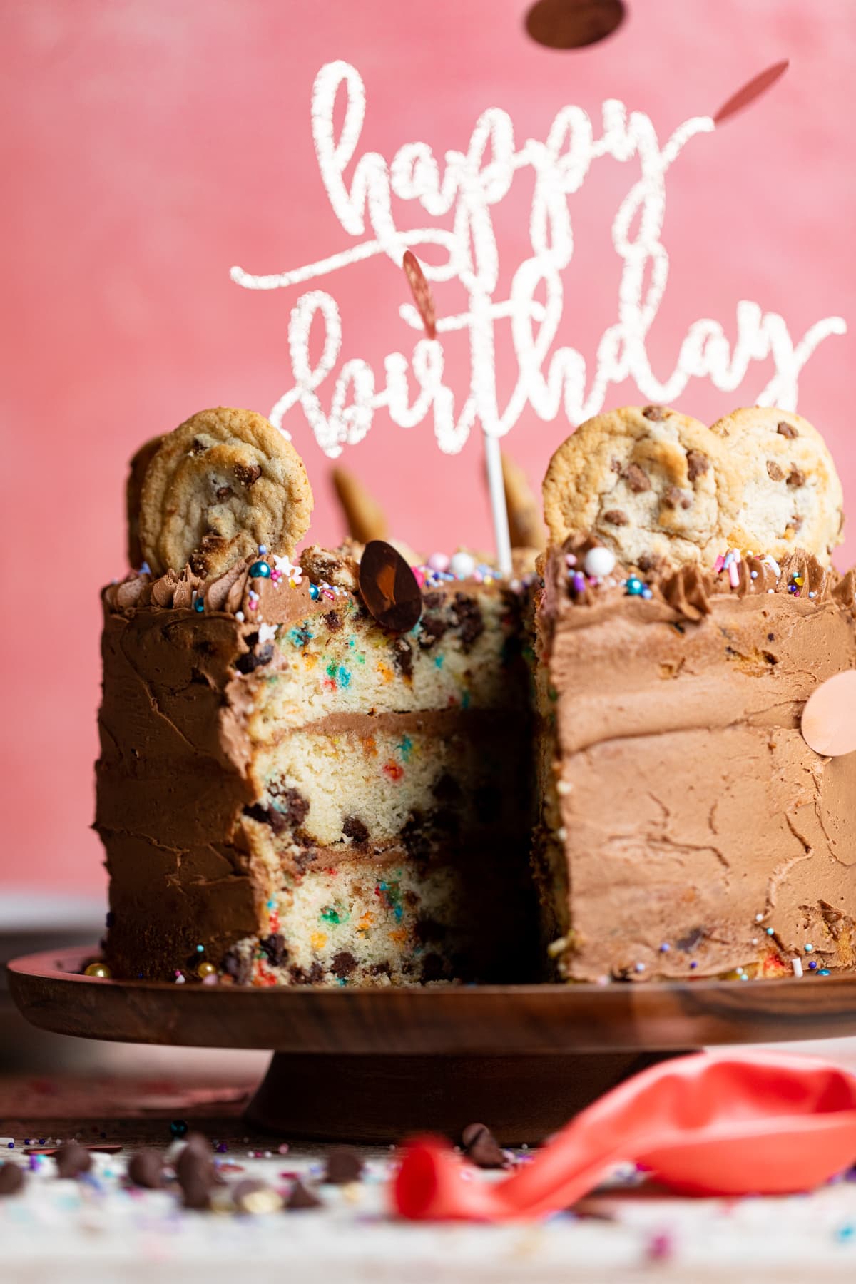 Partially-sliced Confetti Chocolate Chip Cake.