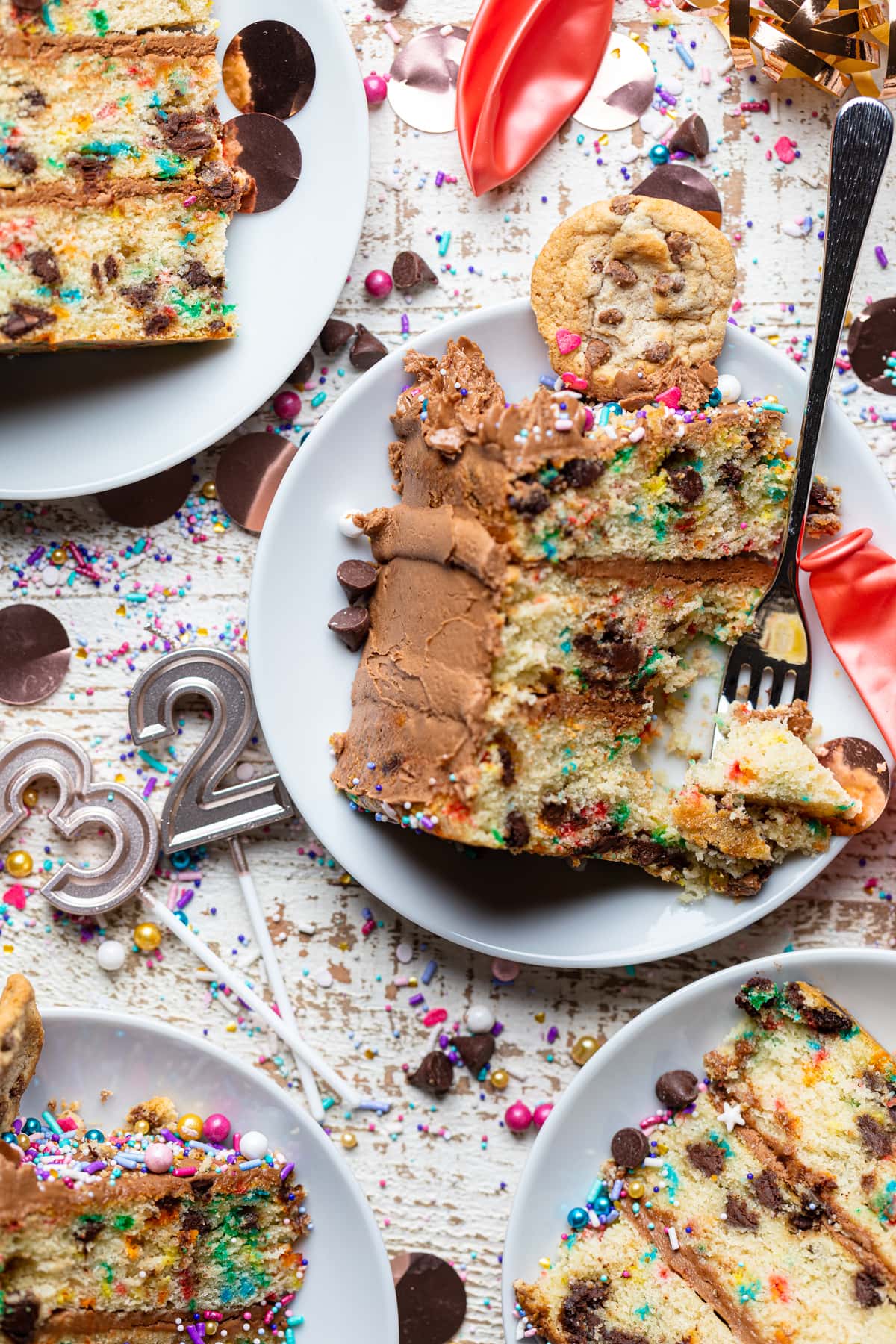 Fork grabbing a piece of Confetti Chocolate Chip Cake.