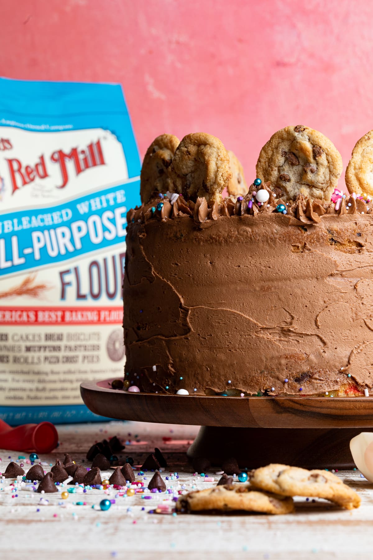 Bag of Bob\'s Red Mill Flour with a Confetti Chocolate Chip Cake.