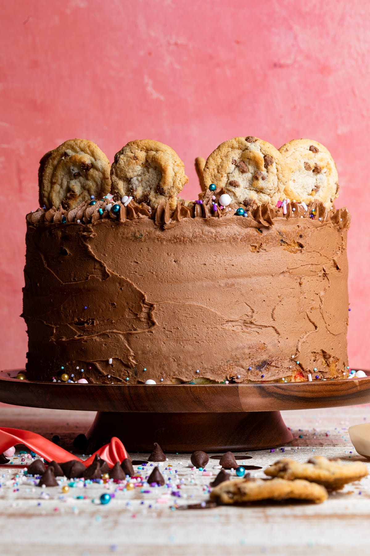 Confetti Chocolate Chip Cake on a elevated cake pan.