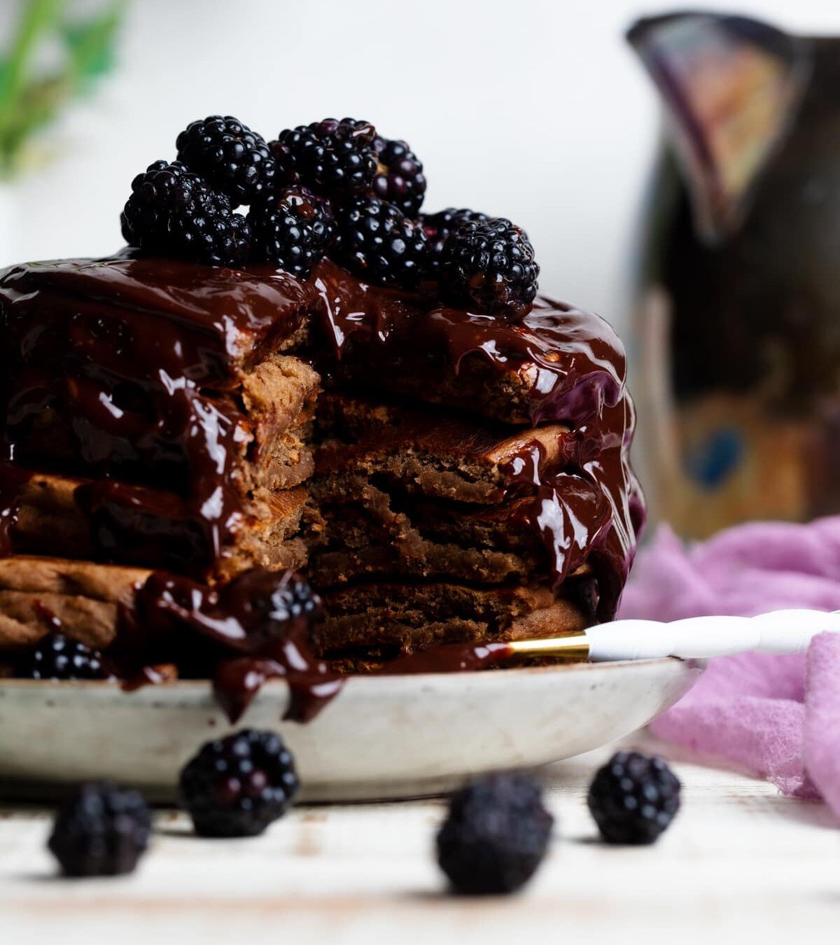 Vegan Chocolate Pancakes with Blackberries
