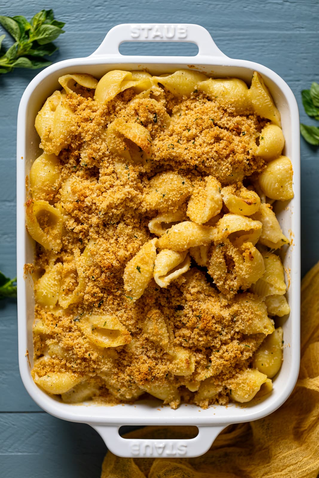 Overhead shot of a baking pan of Southern Baked Mac and Cheese with Breadcrumbs