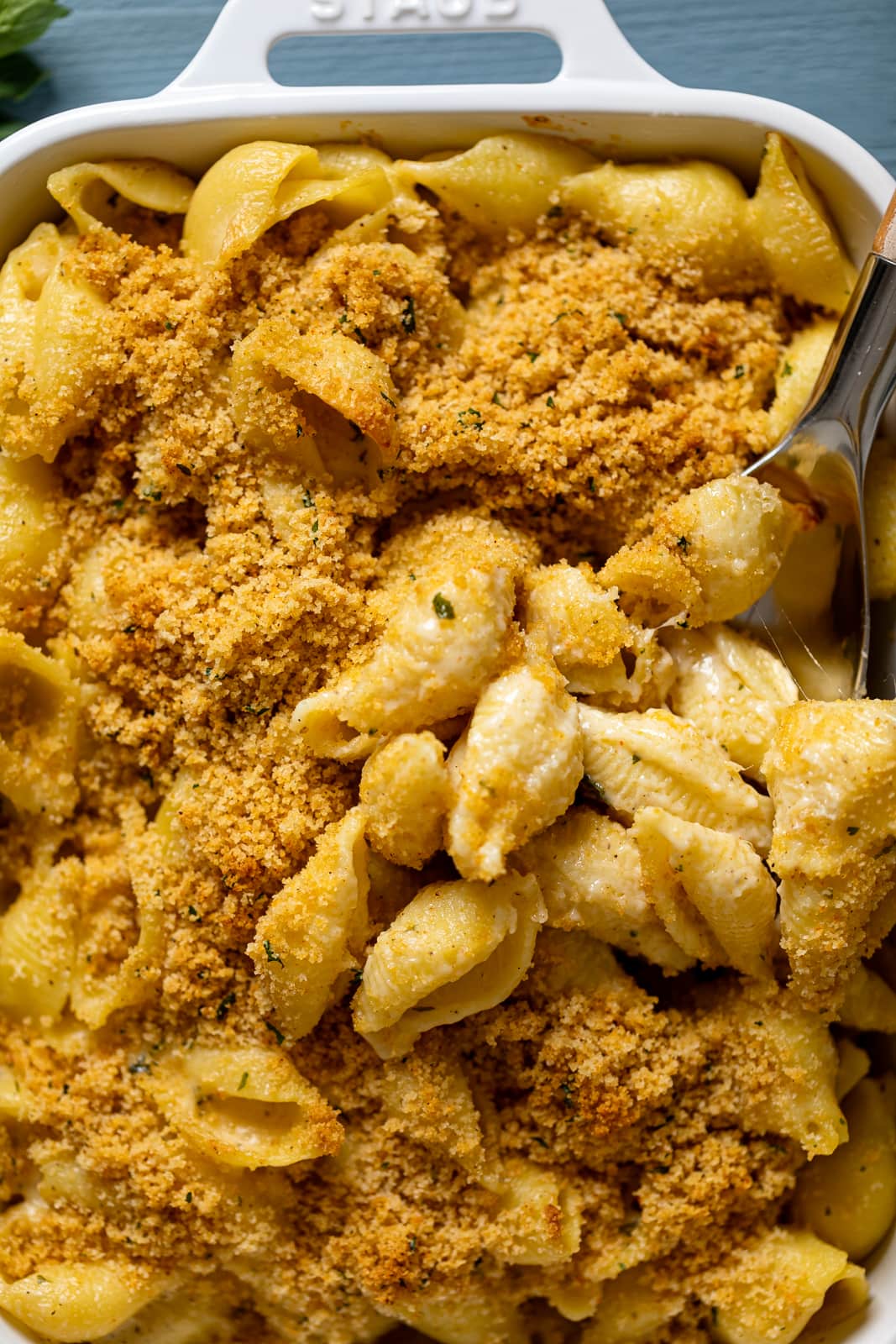 Closeup of Southern Baked Mac and Cheese with Breadcrumbs