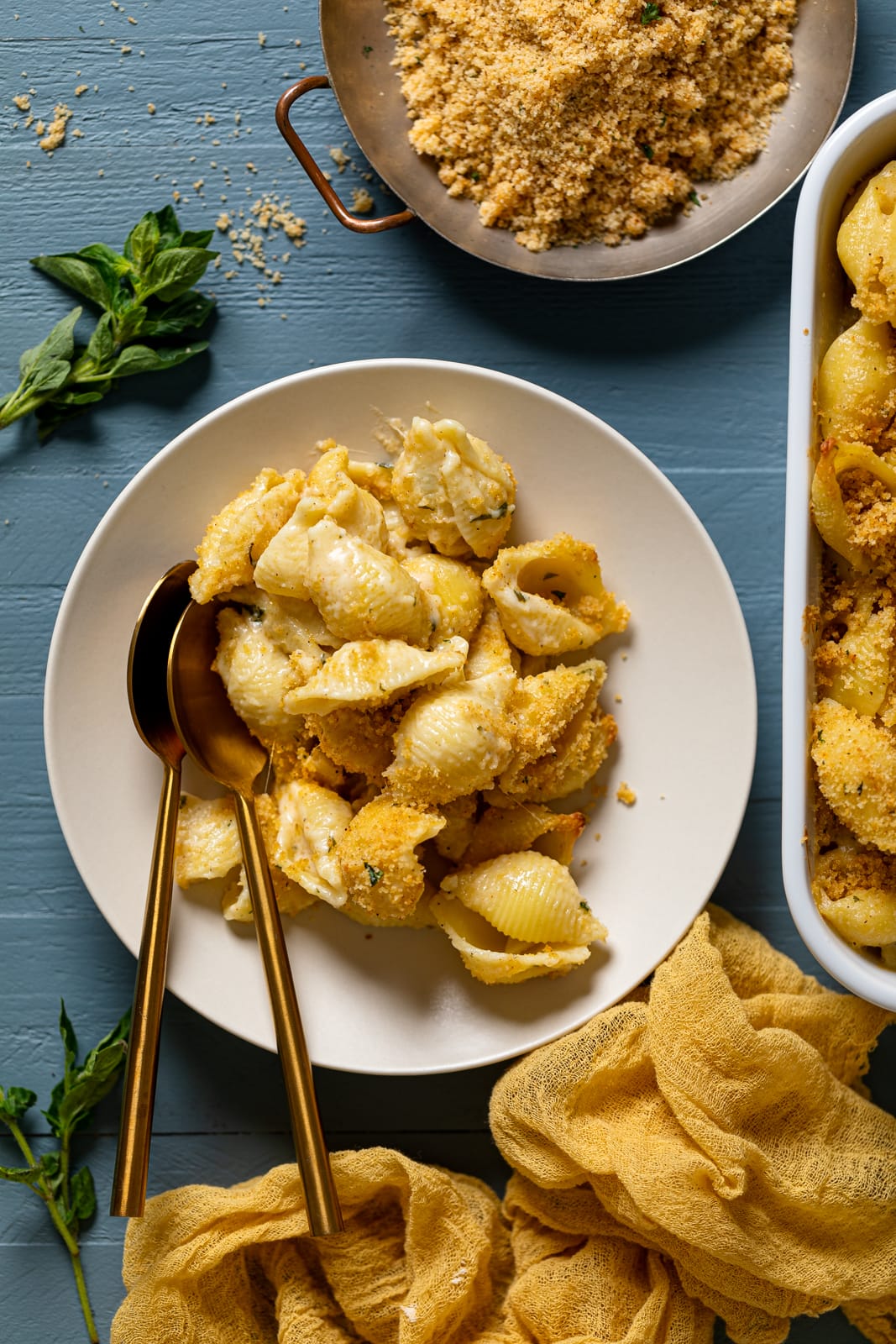 Plate of Southern Baked Mac and Cheese with Breadcrumbs with two spoons