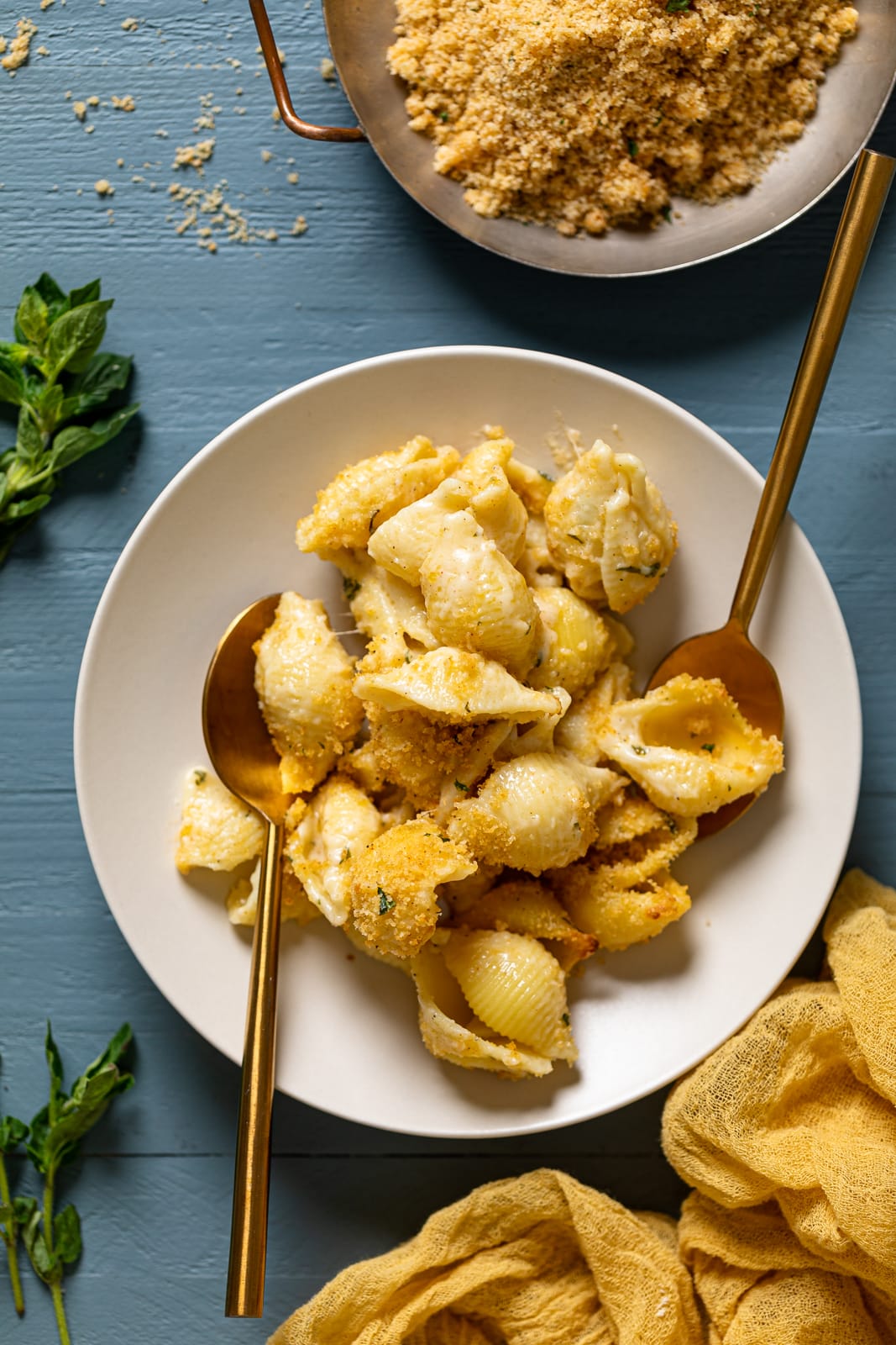 Plate of Southern Baked Mac and Cheese with Breadcrumbs with two spoons