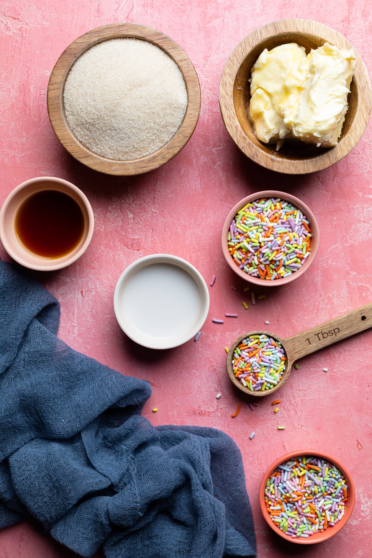 Edible Vegan Funfetti Cookie Dough ingredients including sprinkles and sugar.